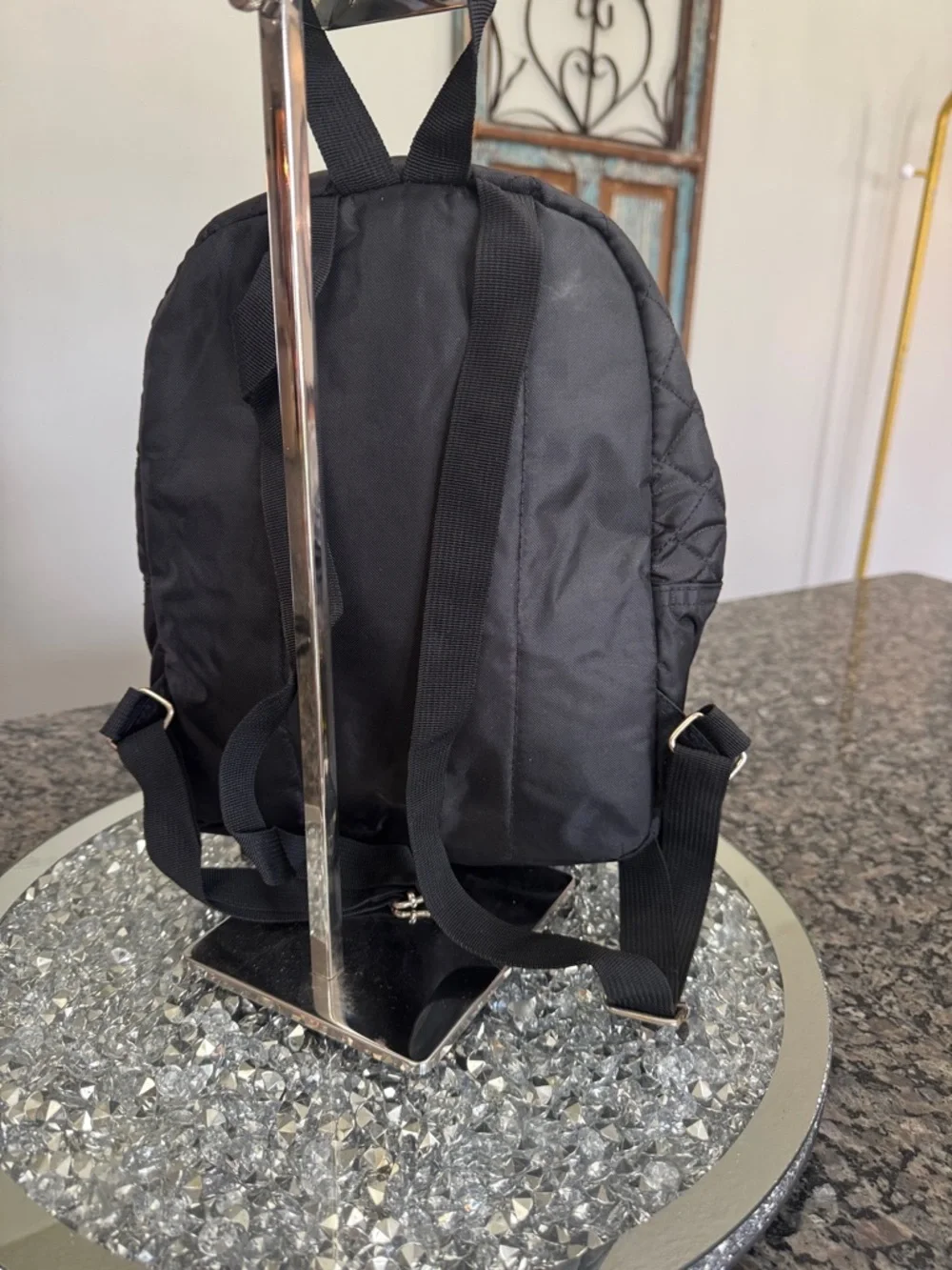 Daisy Fuentes Quilted Black Mini Backpack with Gold Accents EUC